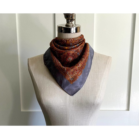 Vintage Handrolled Edge Silk Scarf Orange, Yellow, Gold, Grey - Picture 3 of 7